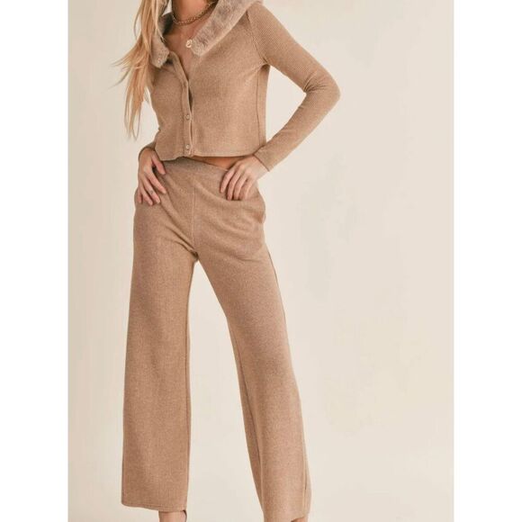 SAGE The Label Tan Knit High Rise Daria Wide Leg Pants Size Medium NWT - Picture 1 of 7
